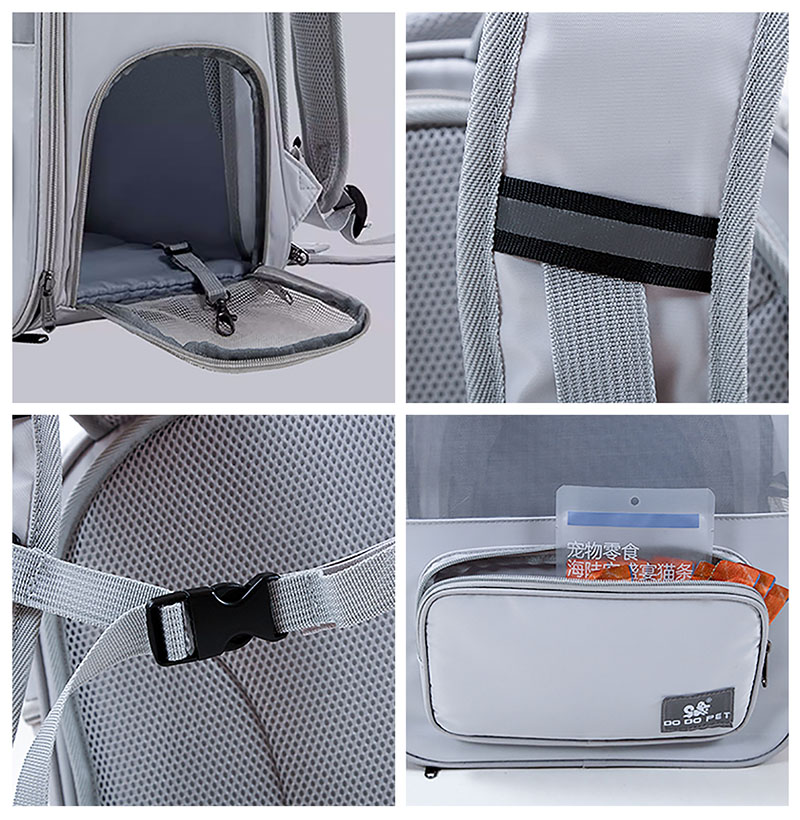 The backpack has spacious pockets where you can put pet food and a veterinary passport